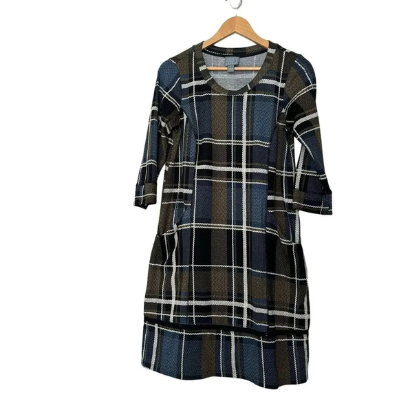 Rabbit Women's Shift Dress 6 Multicolor Plaid 3/4 Sleeves Crew Neck Pockets - Picture 1 of 9